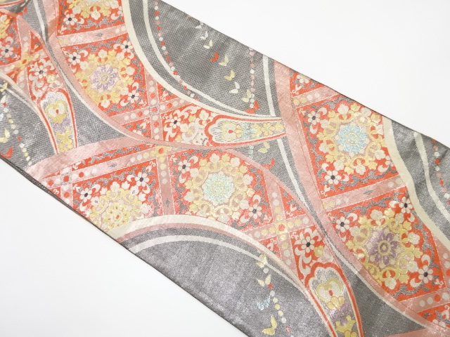 佐賀錦　華紋に蝶模様織り出し　袋帯